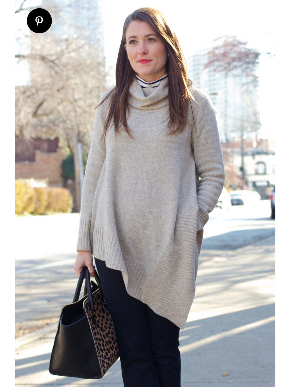 Eileen Fisher Taupe Asymmetric Cowl Neck Sweater